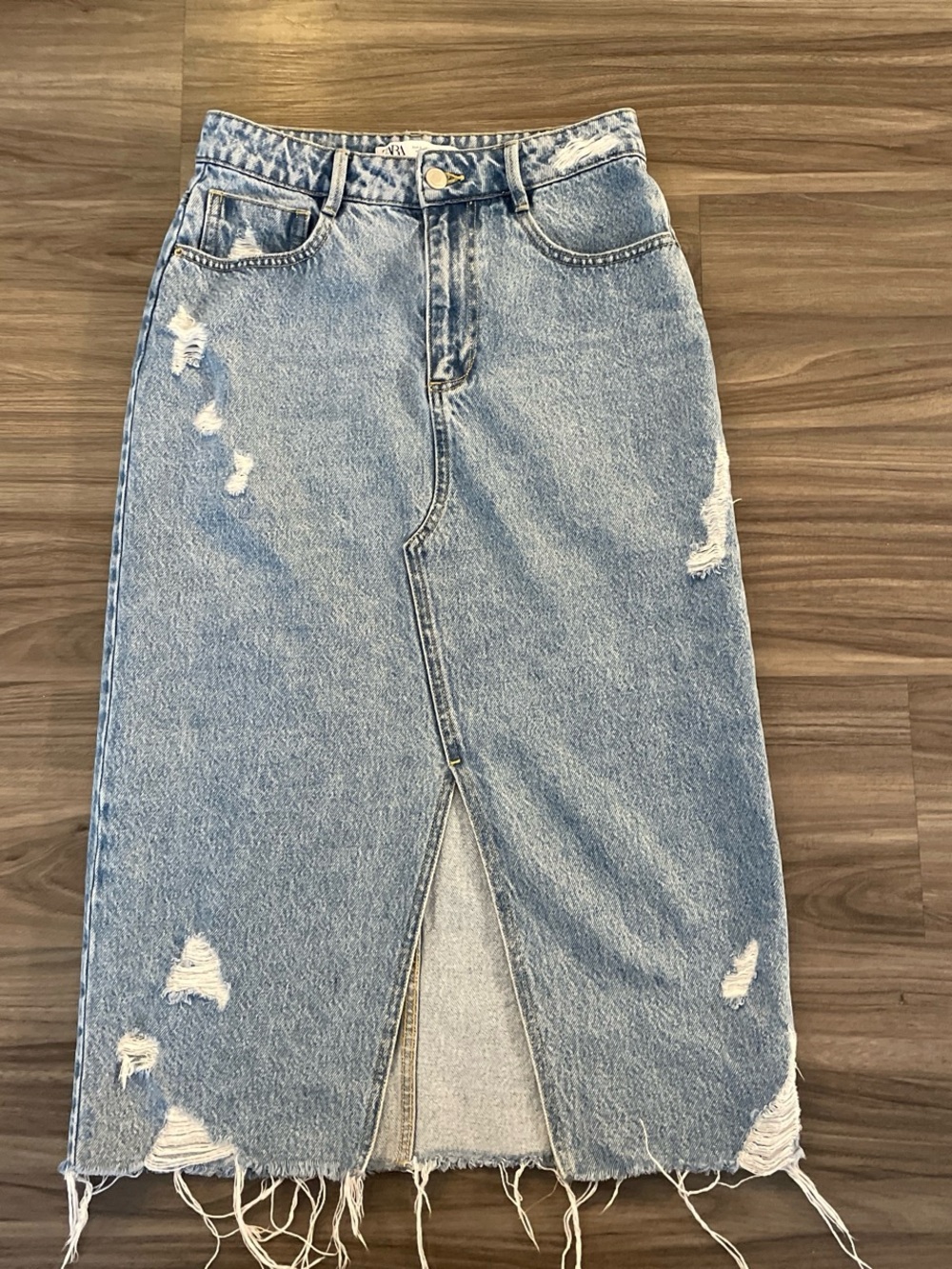 Zara Light Blue Distressed Denim Midi Skirt